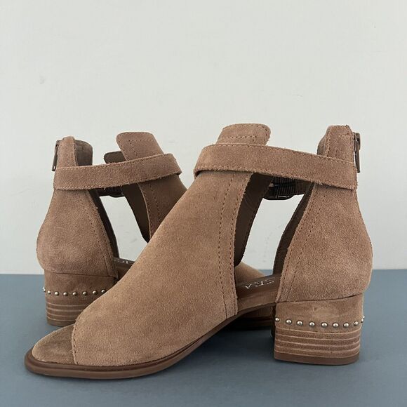 Chelsea & Violet Hendricks Suede Tan Peep Toe Cut Out Heel Shooties - Picture 5 of 8